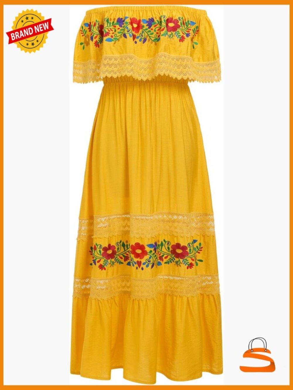 Off Shoulder Embroidered Maxi Dress Cinco de Mayo Fiesta Lace Dress